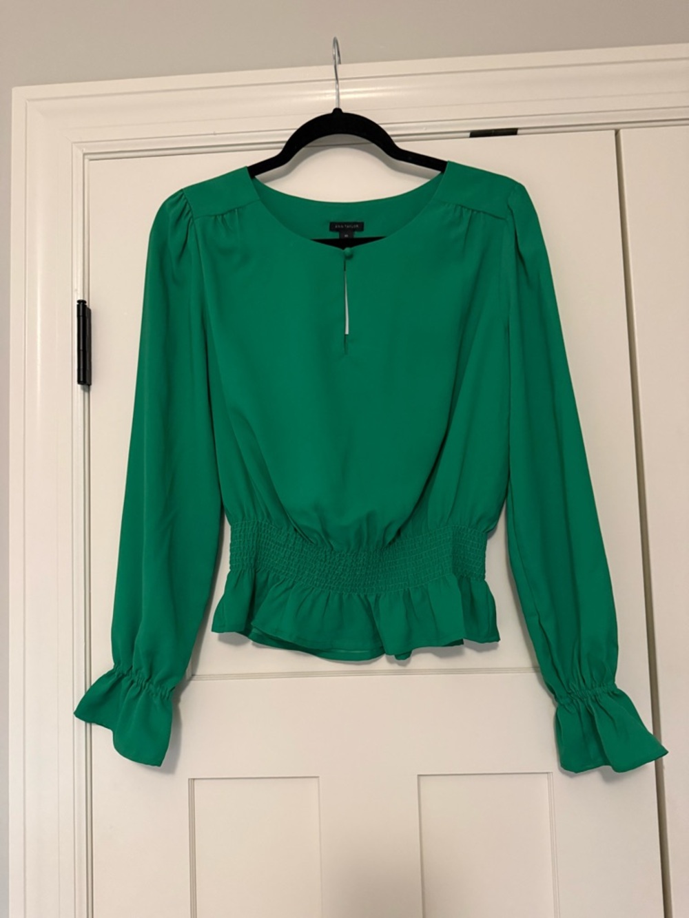 Ann Taylor Emerald Green Smocked-Waist Long Sleeve Blouse